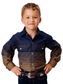 Boys Roper Border Stripe Snap Shirt -Equestrian Clothing Store boys border stripe navy front 0103000430455 roper 94140.1663121468