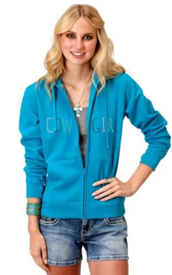 Roper Cowgirl Zip Hoodie With Thumb Holes -Equestrian Clothing Store cowgirl hoodie thumb holes blue front 0309805144033 roper 38109.1653413363