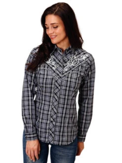 Roper Plaid Embroidered Horseshoe Shirt Long Sleeve -Equestrian Clothing Store embroid shoe plaid ls grey front 0105000244023 roper 11802.1663802606