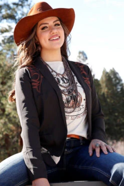 Cruel Denim Embroidered Blazer -Equestrian Clothing Store embroidered blazer brown front CWJ7274003 miller international 33213.1691012405