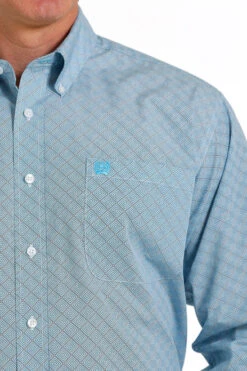 Men's Cinch Light Blue Geo Print Shirt -Equestrian Clothing Store geo print ls turq lt blue detail MTW1105567 cinch 19876.1683163135