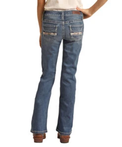 Girls Rock & Roll Cowhide Trim Bootcut Jean -Equestrian Clothing Store girls cowhide trim jean back RRGD4MR108 BZ RR 75696.1678746161