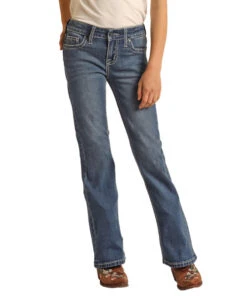 Girls Rock & Roll Cowhide Trim Bootcut Jean -Equestrian Clothing Store girls cowhide trim jean front RRGD4MR108 BZ RR 33654.1678746163