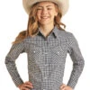 Panhandle Girls Gingham Snap Shirt -Equestrian Clothing Store girls gingham plaid ls black white front R6S2537 48626.1641946578
