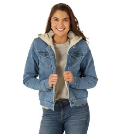 Wrangler Women's Denim Sherpa Hooded Jacket -Equestrian Clothing Store hood denim jacket sherpa denim front 112317280 wrangler 77406.1663189613