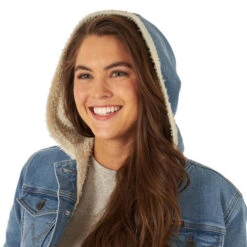 Wrangler Women's Denim Sherpa Hooded Jacket -Equestrian Clothing Store hood denim jacket sherpa denim hood 112317280 wrangler 11811.1663189612