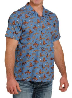 Men's Cinch Horse Print Camp Shirt -Equestrian Clothing Store horse print camp shirt blue side MTW1401009 miller 13299.1668118849