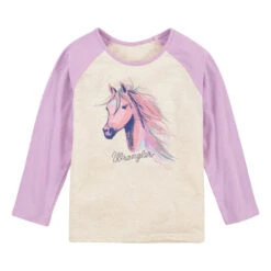 Wrangler Girls Pretty Horse Tee Long Sleeve -Equestrian Clothing Store horse tee LS oatmeal front 112317730 wrangler 63147.1661910864