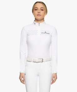 Girls Cavalleria Toscana Flock Dot Polo Long Sleeve -Equestrian Clothing Store kid flock print polo ss white front POA077 JE152 0001 34149.1659719971