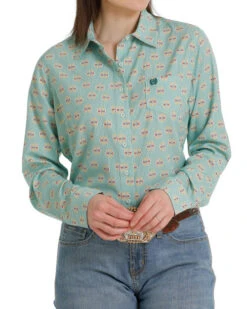 Cinch ArenaFlex Green Print Shirt -Equestrian Clothing Store lds arenaflex print sl green front MSW9163011 cinch 93147.1678830659
