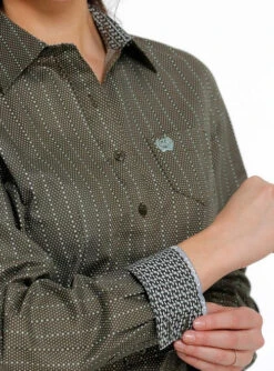 Cinch Ladies Cotton Performance Shirts Prints -Equestrian Clothing Store lds cinch dot stripe ls olive detail MSW9164191 miller 15997.1671482542