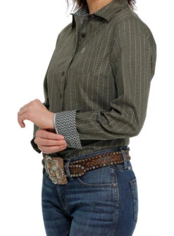 Cinch Ladies Cotton Performance Shirts Prints -Equestrian Clothing Store lds cinch dot stripe ls olive front MSW9164191 miller 82541.1677547254