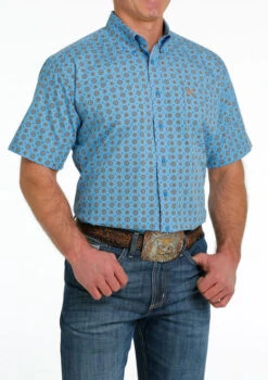 Men's Cinch Geo Print Shirt Short Sleeve -Equestrian Clothing Store medallion print ss blue side MTW1111423 cinch 50549.1684806043