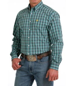 Men's Cinch Teal Plaid Shirt Long Sleeve -Equestrian Clothing Store plaid shirt ls teal front MTW1105578 cinch 93587.1689642989
