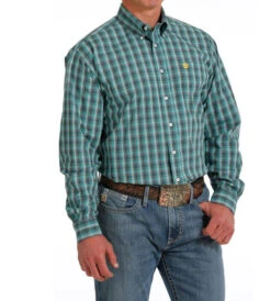 Men's Cinch Teal Plaid Shirt Long Sleeve -Equestrian Clothing Store plaid shirt ls teal side MTW1105578 cinch 85786.1689643132