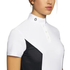 Cavalleria Toscana Perforated Sides Competition Polo -Equestrian Clothing Store polo perforated insert ss white navy front detail POD295 JE022 0179 cavalleria toscana 92251.1690499471