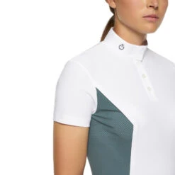 Cavalleria Toscana Perforated Sides Competition Polo -Equestrian Clothing Store polo perforated insert ss white teal front detail POD295 JE022 0159 cavalleria toscana 82535.1690499480