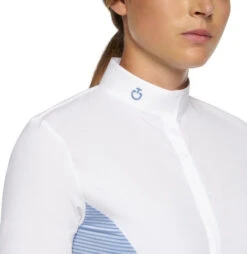 Cavalleria Toscana Seersucker Poplin Bib Shirt -Equestrian Clothing Store poplin bib compete ls light blue front detail CAD206 JE146 Q730 cavalleria toscana 88378.1656799729