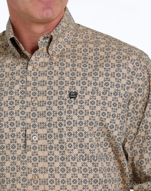 Men's Cinch Khaki Geo Print Shirt Long Sleeve 6 Men's Cinch Khaki Geo Print Shirt Long Sleeve - Image 4