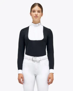 Cavalleria Toscana REVO Pleated Bib Show Shirt -Equestrian Clothing Store revo pleated bib ls black front CAD210 JC031 9999 cavalleria toscana 75345.1659823879