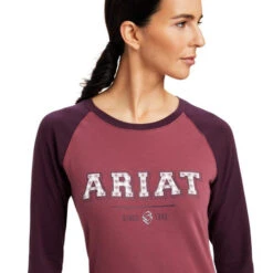 Ariat Varsity Logo Tee Long Sleeve -Equestrian Clothing Store varsity tee ls mulberry pink detail 10041354 ariat 84690.1661214409