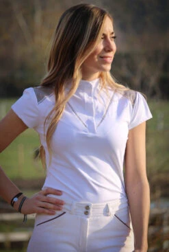 PÉNÉLOPE Pénélope Venise Show Polo Short Sleeve -Equestrian Clothing Store venise show polo white taupe front 987 904 010 penelope 72515.1688659708