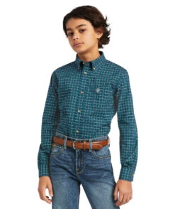 Boys Ariat Declan Stretch Shirt -Equestrian Clothing Store youth declan stretch LS deep pacific front 10039568 ariat 43422.1645570799
